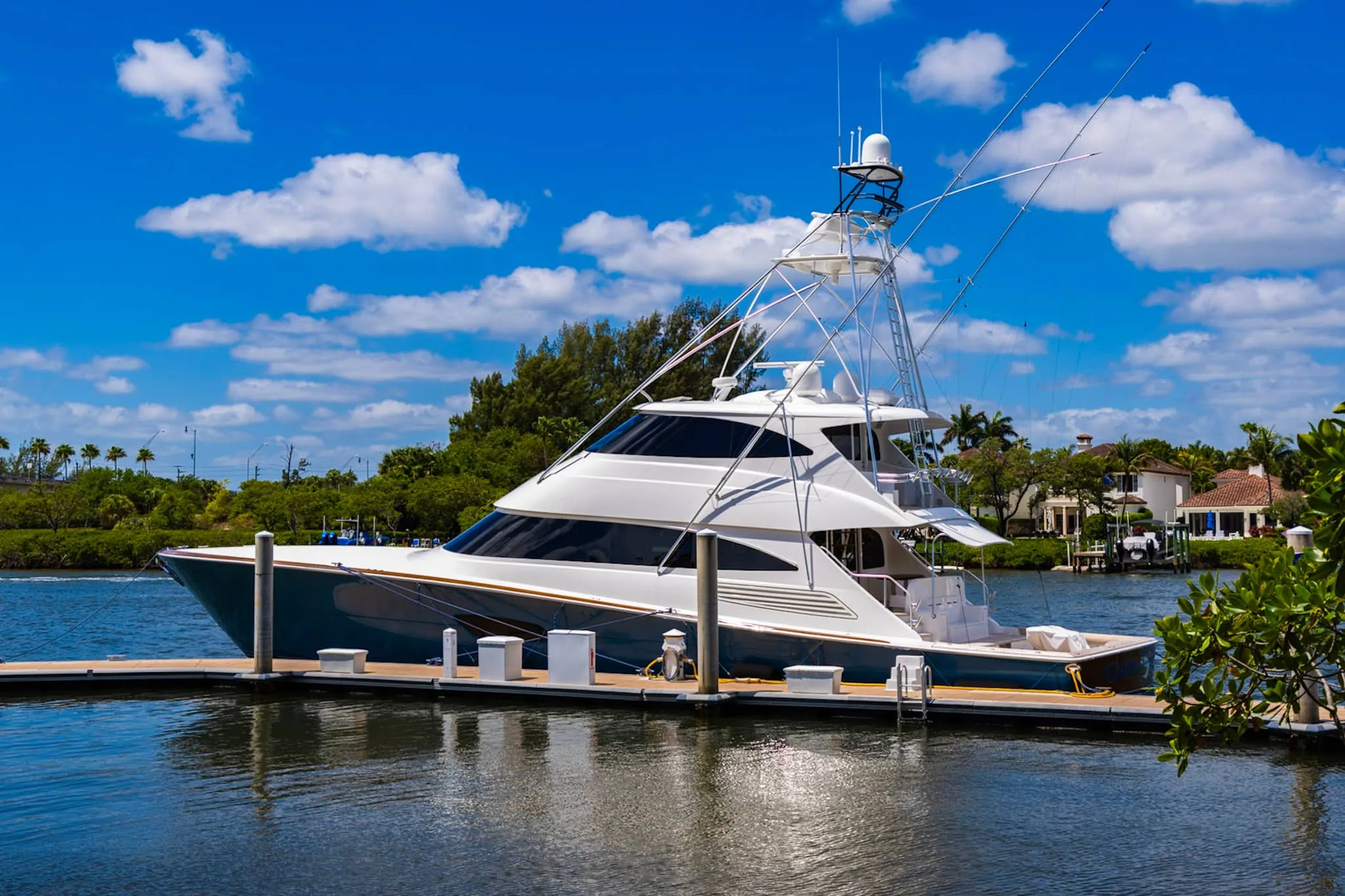 Sport-fishing yacht docked on the water in Jupiter, Florida
