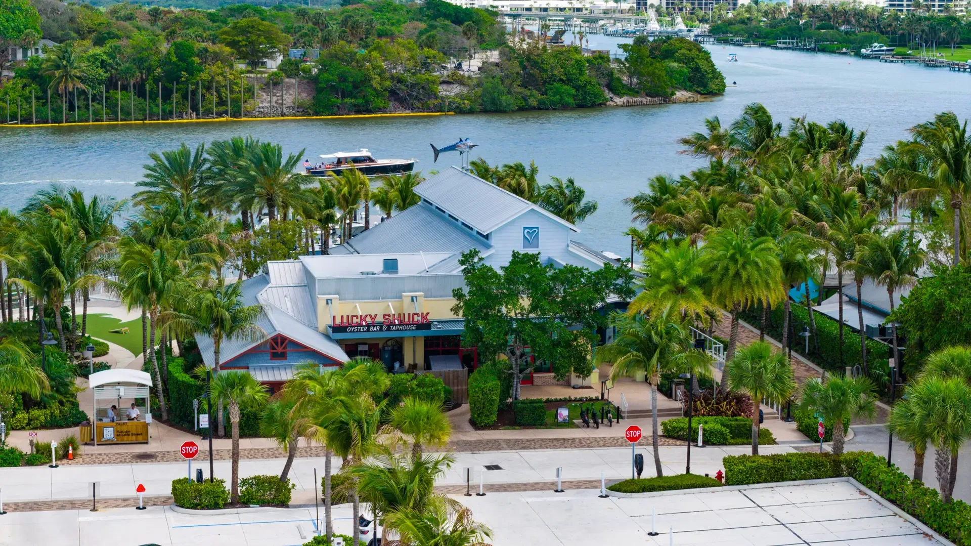 Aerial view of the Lucky Shuck waterfront restaurant near the Jupiter Inlet